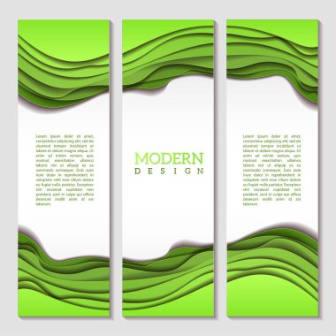Set of banners with green abstract wavy multilayered pattern. Paper art style. clipart