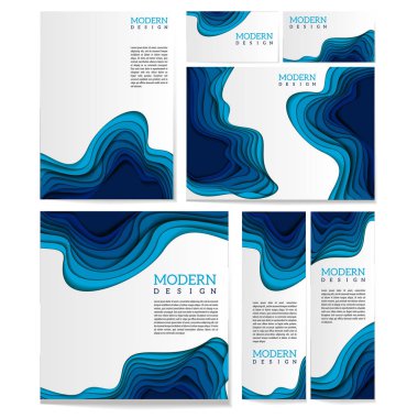 Corporate identity template with abstract blue multi layered wavy pattern. clipart