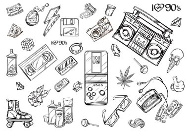 Kaset Kaset Kaydedici, müzik çalar, video ve ses kasetleri, disket, ince tabaka fotoğraf makinesi, çağrı cihazı, tamagochi, tetris, tekerlekli paten, grafiti sprey set