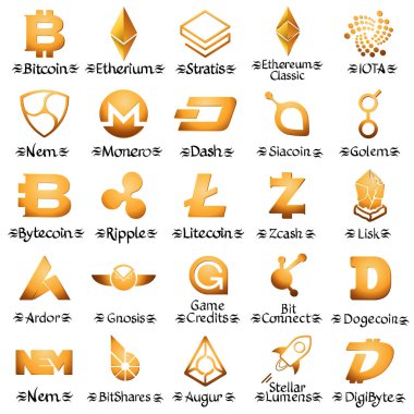 Large set of golden cryptocurrency icons. Vector illustration iolated on white background. clipart