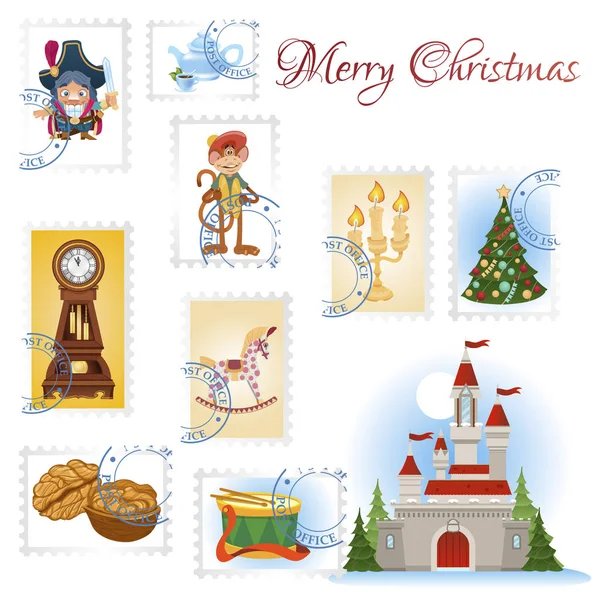 一套邮票与插图为胡桃夹子童话为新年和圣诞节设计 — 图库矢量图片