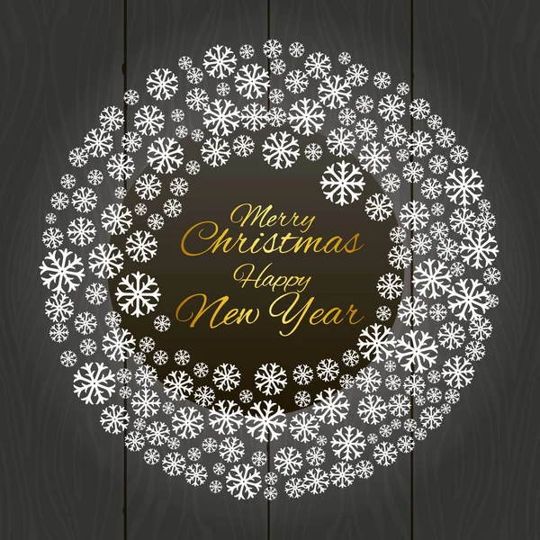 メリー クリスマスと新年あけましておめでとうございます 雪の結晶の木製の背景上の碑文 グリーティング カード ポスター その他の項目のためのベクトル図 — ストックベクタ