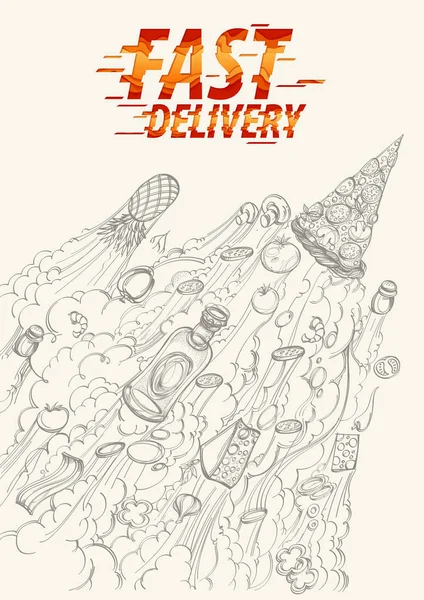 Létající Pizza Rajčata Ostatní Potraviny Jsou Skici Ručně Tažené Obrysu — Stockový vektor