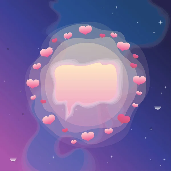 Pink Speech Bubble Hearts Vector Illustration Blue Violet Cosmic Background — Stock Vector