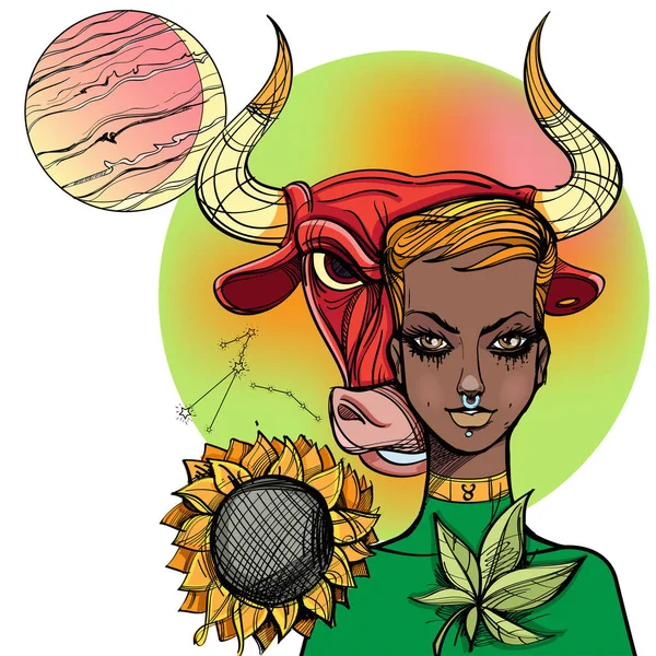 African American Girl Meisje Symboliseert Het Dierenriemteken Taurus Illustratie Van — Stockvector