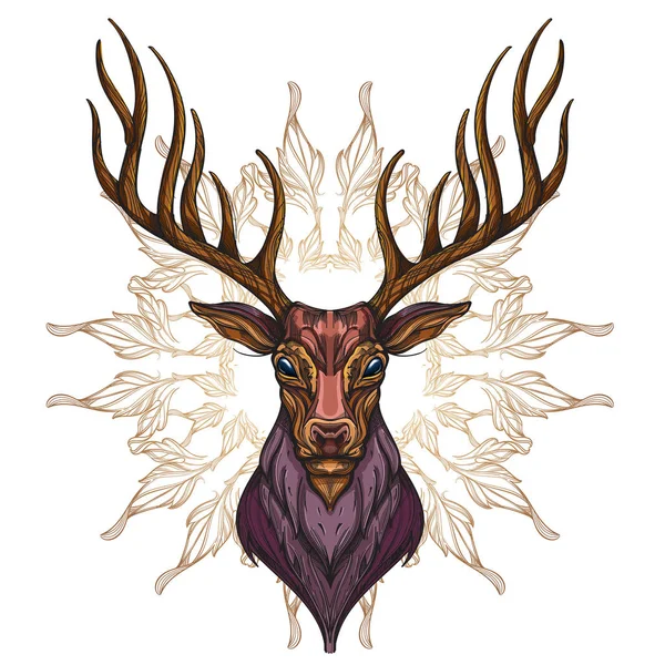 Testa Cervo Con Ornamento Decorativo Foglie Disegnato Mano Stile Schizzo — Vettoriale Stock