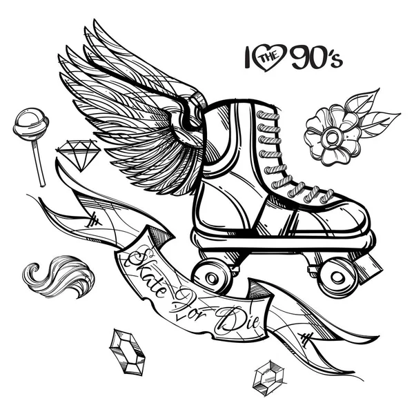 带翅膀的复古轮滑鞋 轮廓矢量插图在白色背景下被隔离纹身 T恤衫和其他物品上 — 图库矢量图片