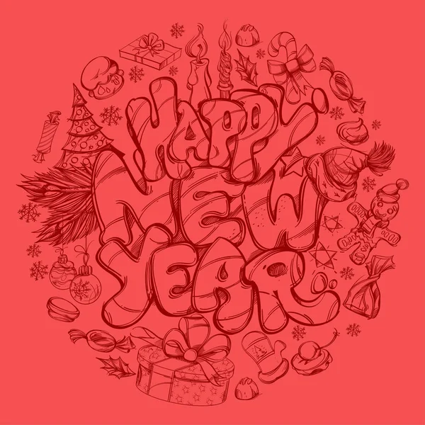 Feliz Año Nuevo Ilustración Dibujada Mano Con Símbolos Texto Año — Vector de stock