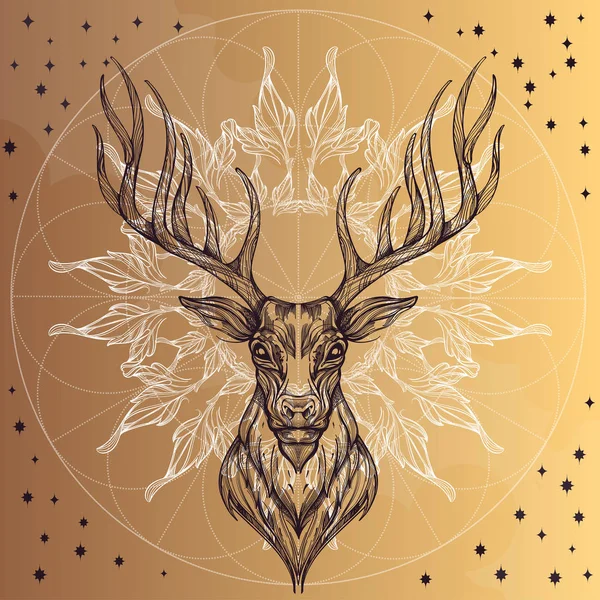 鹿头与装饰装饰品的叶子 素描风格 米色背景上的轮廓向量图 — 图库矢量图片
