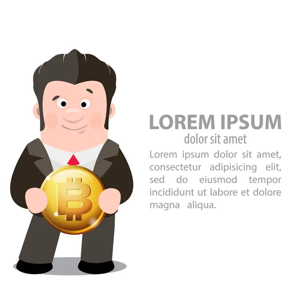 Homme Affaires Avec Golb Bitcoin Signe Crypto Monnaie Monnaie Électronique — Image vectorielle