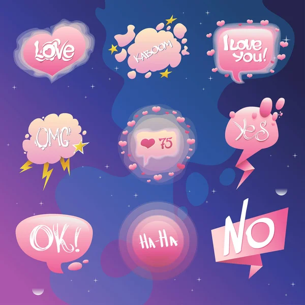 Set Pink Cute Speech Bubbles Text Blue Violet Cosmic Background — Stock Vector