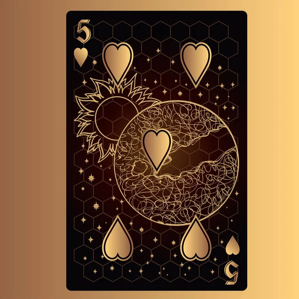 Five Hearts Playing Card Original Design Theme Space — Stock Vector