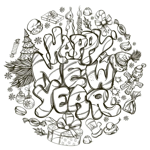 Happy New Year Hand Drawn Outline Illustration Text New Year — Stock Vector