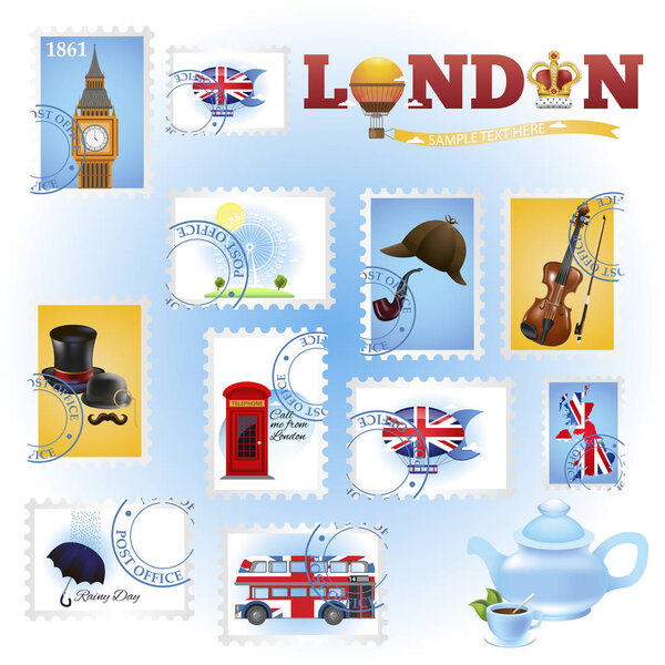 Postage stamps with the symbols of London and Great Britain. Set of vector illustrations for design of tourist booklets, banners, posters, flyers, and other items.