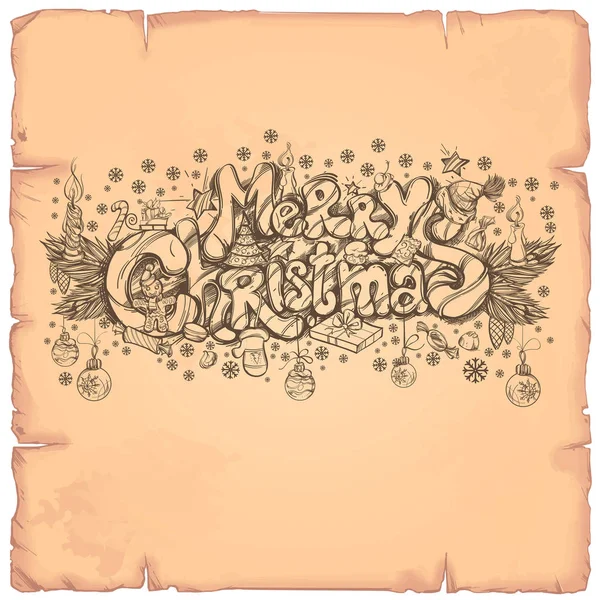 メリークリスマス 手書きグリーティング カード ポスター その他の項目のためのクリスマスの装飾と碑文 — ストックベクタ