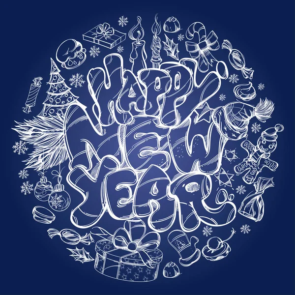 Feliz Año Nuevo Ilustración Dibujada Mano Con Símbolos Texto Año — Vector de stock