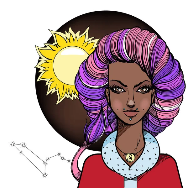 African American Girl Dziewczyna Symbolizuje Znak Zodiaku Lew Ilustracja Kolor — Wektor stockowy