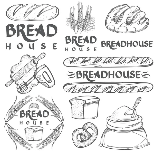 一套矢量烘焙元素和手写的老式字体 单色插图 百吉饼 牛角面包 椒盐脆饼和小麦在白色背景下 — 图库矢量图片