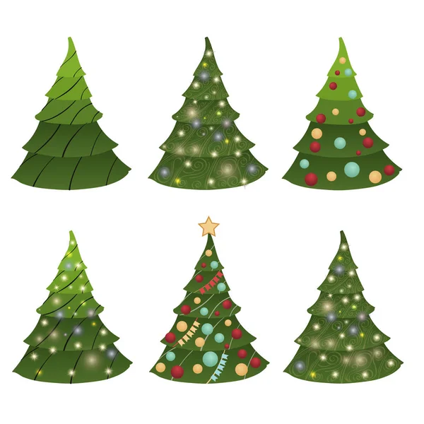 Set Christmas Trees Illustrations New Year Cards — Stock Vector