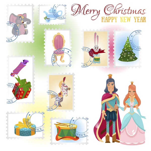 一套邮票与插图为胡桃夹子童话为新年和圣诞节设计 — 图库矢量图片