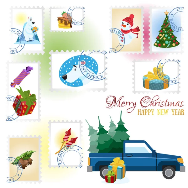 Selos Postais Pick Com Árvores Natal Conjunto Ilustrações Vetoriais Para —  Vetores de Stock