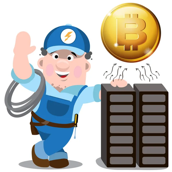 Bitcoin Mining Farmy Człowiek Elektryk Serwerowni Koncepcja Kryptowaluty Górnictwa Ilustracja — Wektor stockowy