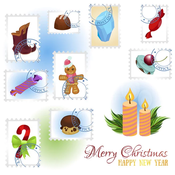 Γραμματόσημα Και Και Κεριά Σύνολο Εικονογραφήσεις Φορέα Για Την Πρωτοχρονιά — Διανυσματικό Αρχείο