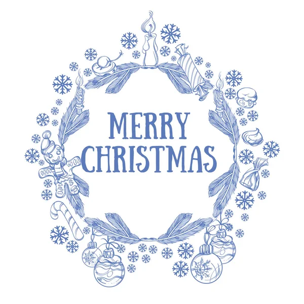 クリスマスと新年のグリーティング カードや招待状などのクリスマスの装飾とモミの枝で作られた美しいラウンド フレーム — ストックベクタ