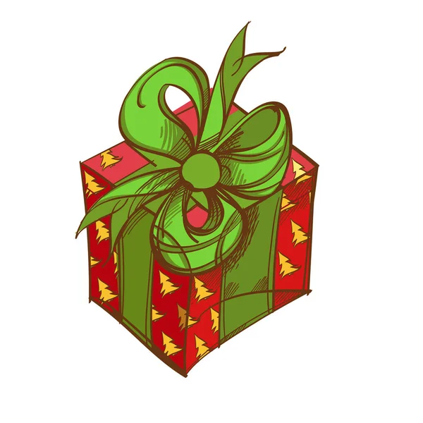 緑色の弓と赤いギフト ボックス クリスマスと新年の設計の装飾的な要素です 白い背景で隔離の手描きベクトル図 — ストックベクタ