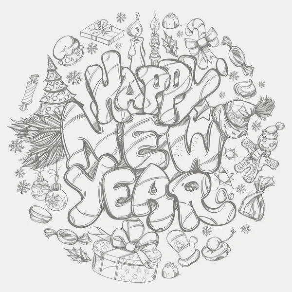 Feliz Año Nuevo Ilustración Dibujada Mano Con Símbolos Texto Año — Vector de stock