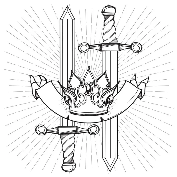 Imagen Contorno Espadas Corona Cinta Para Tatuaje — Vector de stock