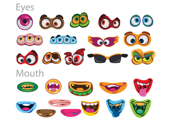 Set of eyes and mouthes for creating sweet childish monsters. Vector set illustration isolated on white background