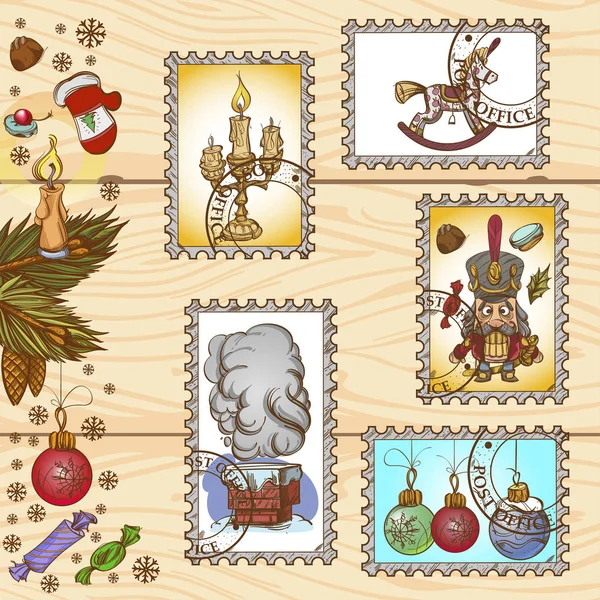 Набор Почтовых Марок Иллюстрациями Новогоднему Рождественскому Дизайну — стоковый вектор