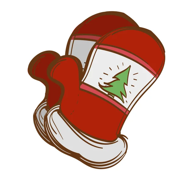 Rote Fäustlinge Von Weihnachtsmann Mit Weihnachtsbaum Dekoratives Element Für Weihnachten — Stockvektor