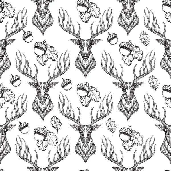 Motif Sans Couture Avec Têtes Cerf Glands Sur Fond Blanc — Image vectorielle