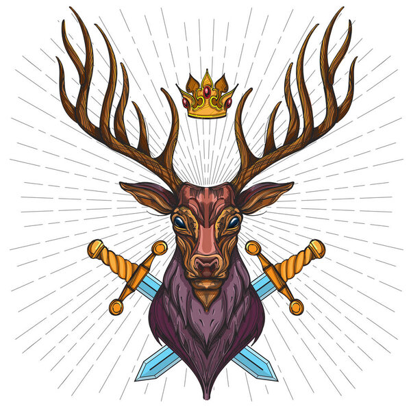 Vector illustration of deer, crown and swords. Decorative element for design of tattoos, printing on T-shirts and other items.