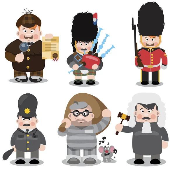 Conjunto Personajes Dibujos Animados Sherlock Holmes Escocés Guardia Real Policía — Vector de stock