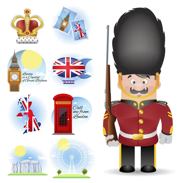 Royal Guard England Character Objects Set Vector Illustrations Isolated White — Stock Vector