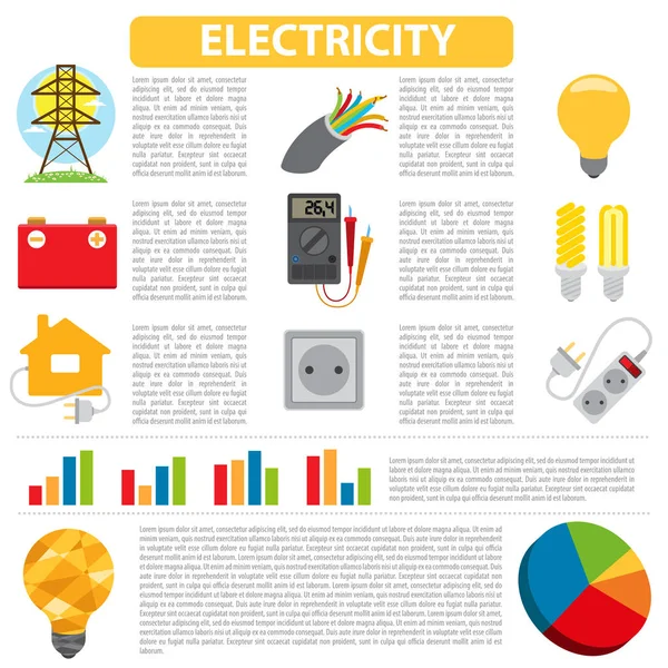 Folheto Brochura Com Infográficos Ilustração Vetor Com Torre Elétrica Lâmpada — Vetor de Stock