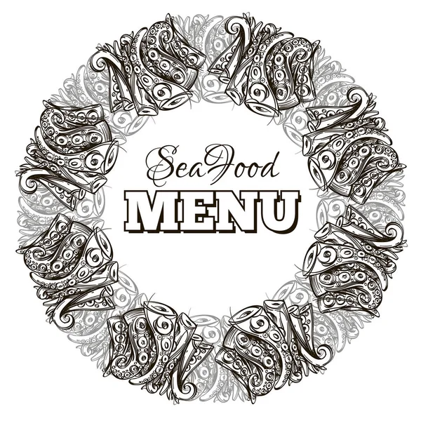 海洋食品菜单 带章鱼触角的圆框架 在白色背景上隔离的大纲矢量插图 — 图库矢量图片