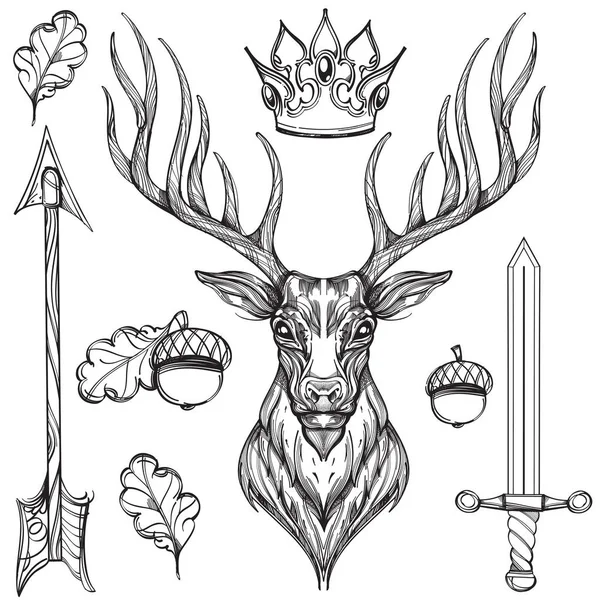 Contour Image Deer Crown Acorns Arrow Sword Vector Illustration Isolated — Stock Vector