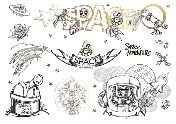 Reihe Von Weltraumabenteuer Symbolen Isoliert Auf Weißem Hintergrund — Stockvektor
