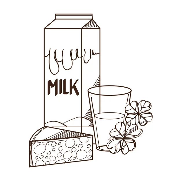 Verre Vectoriel Monochrome Lait Avec Paquet Morceau Fromage Illustration Isolée — Image vectorielle