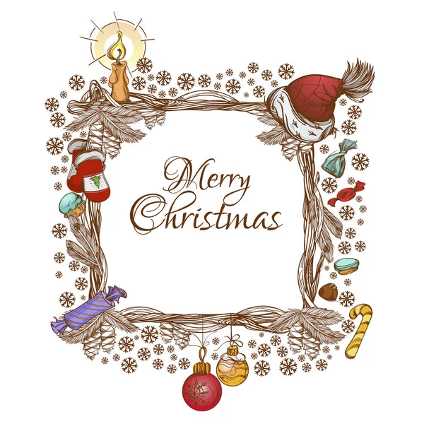 クリスマスと新年のグリーティング カード 招待状とその他のアイテムのクリスマスの装飾と枝できて美しい正方形のフレーム — ストックベクタ