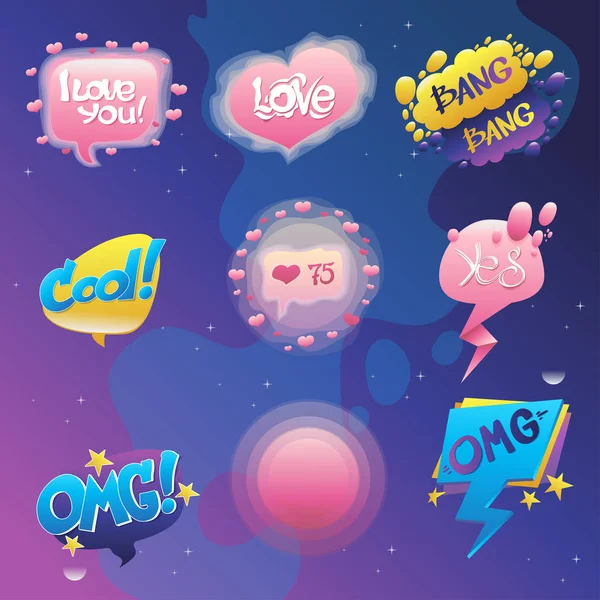 Set Speech Bubbles Text Blue Violet Cosmic Background — Stock Vector