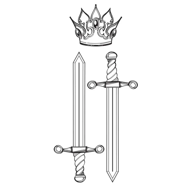 剣と王冠の入れ墨のための輪郭線イメージ — ストックベクタ