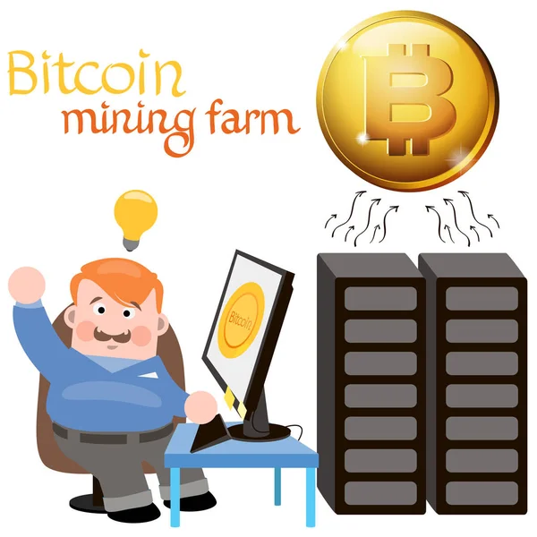 Bitcoin Mining Farmy Człowiek Siedzi Przy Komputerze Serwerowni Koncepcja Kryptowaluty — Wektor stockowy