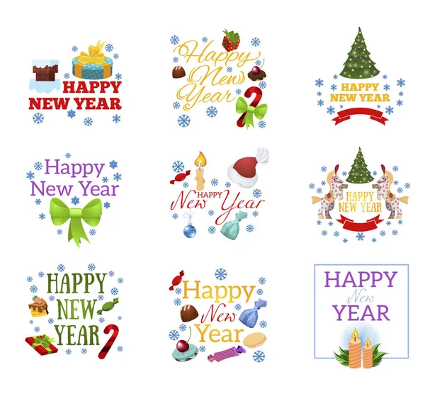 Happy New Year Set Decorative Design Elements Greeting Cards Invitations — Stock Vector