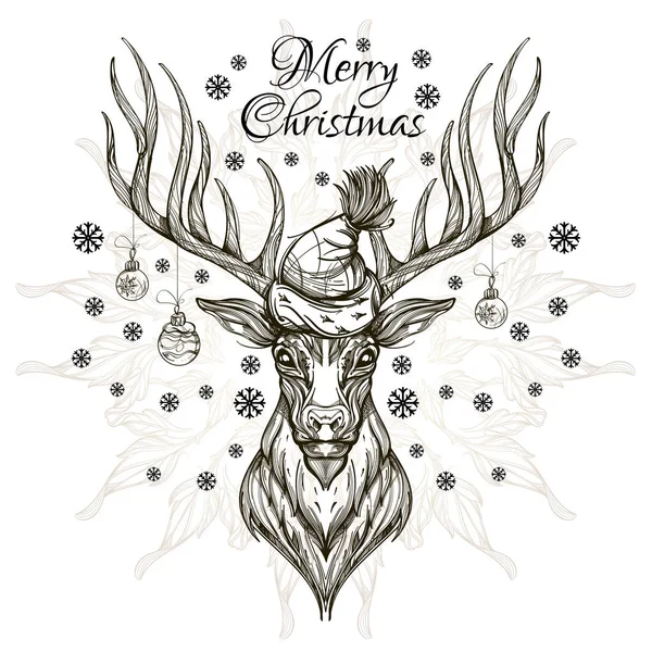 美丽的鹿在圣诞老人帽子与圣诞球 海报和其他项目的矢量示意图 — 图库矢量图片#