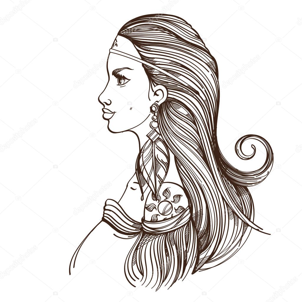profile of woman wearing feathers in ears and long hair